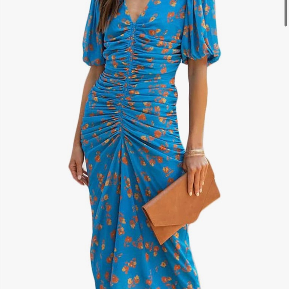 Endless Rose Blue Bodycon Midi Dress with Puff Sleeves